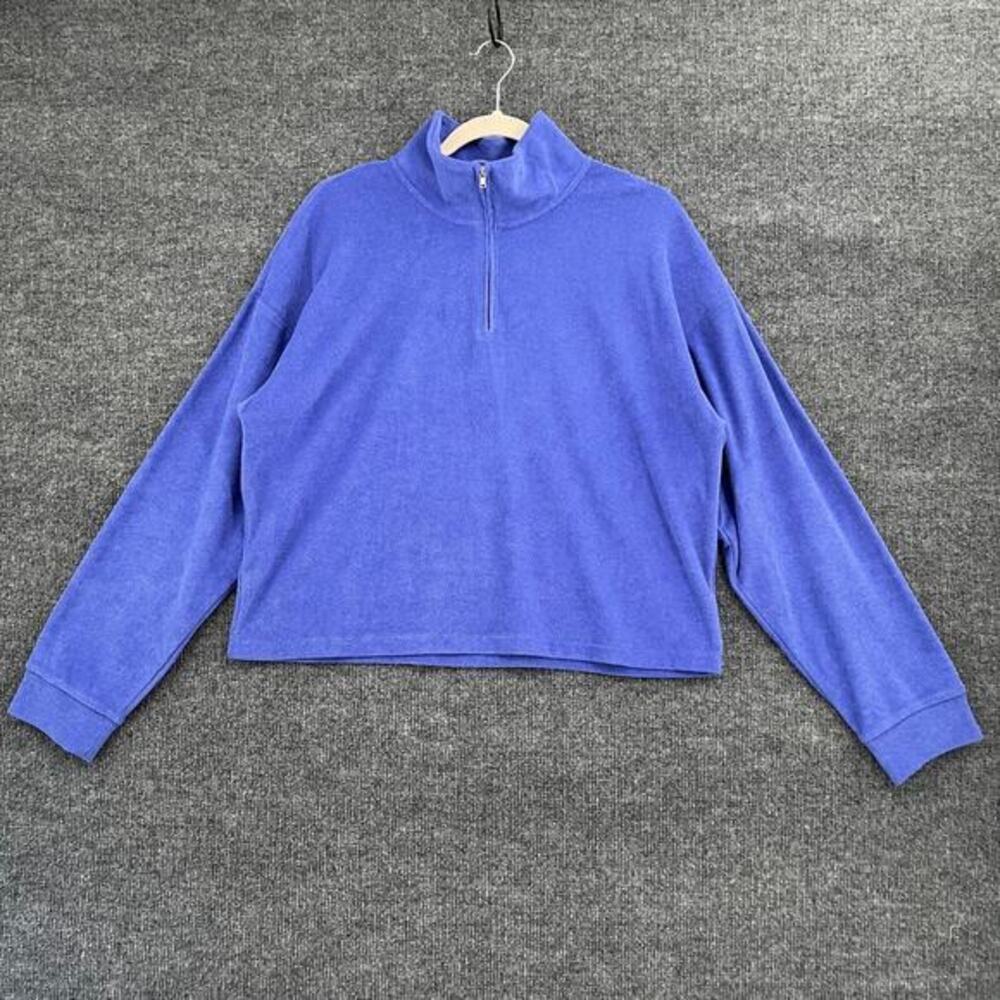 Peloton Womens 1/4 Zip Terry Cloth Pullover Size L Blue Embroidered Boxy Cropped